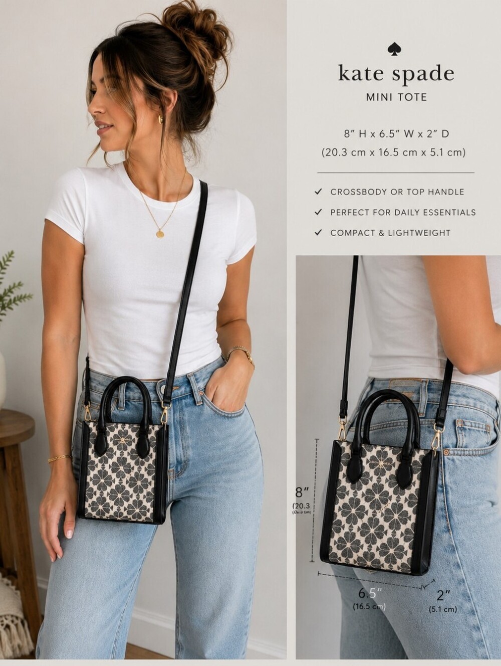 Kate Spade Spade Flower Jacquard Mini Tote Crossbody Bag Black Cream